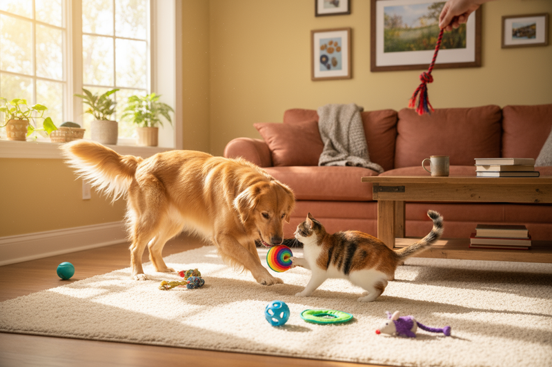 make a image that show pets indoor playing 
